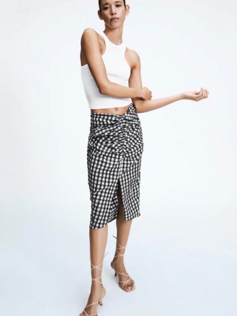**Zara Black White Plaid Gingham Ruched Knot Midi Skirt**